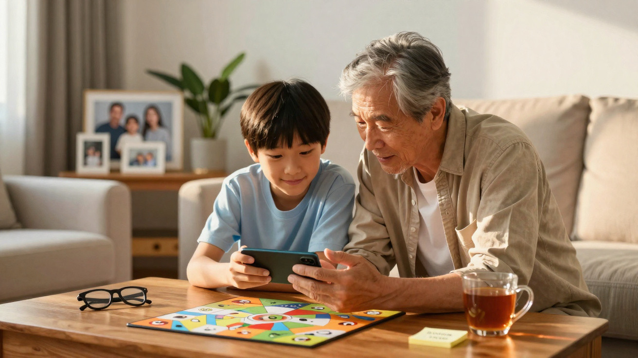 Avô e neto sentados à mesa, a jogar videojogos no telemóvel com um jogo de tabuleiro ao lado.