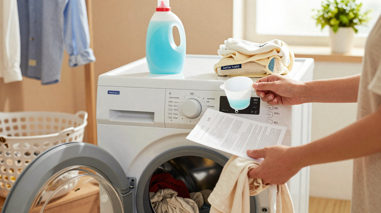 Pessoa a preparar roupa para colocar numa máquina de lavar roupa branca com detergente em cima.
