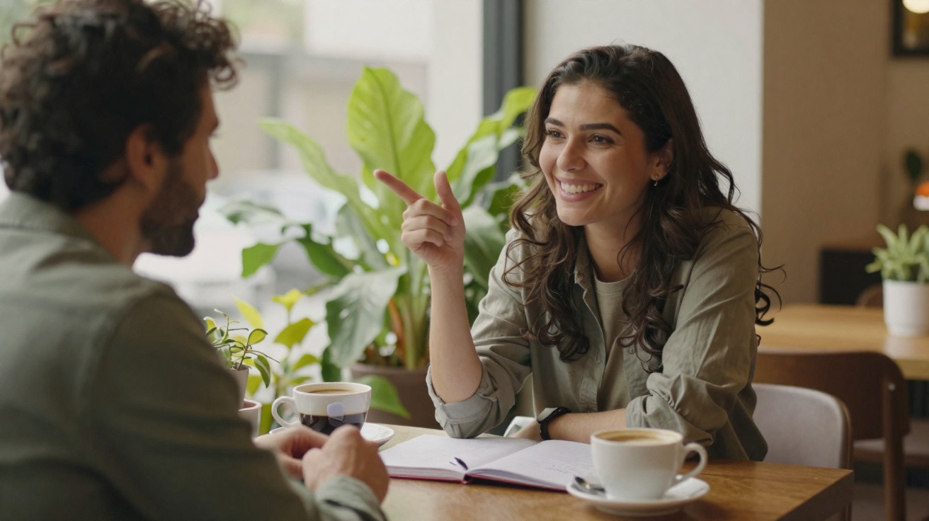 Duas pessoas conversam sorridentes numa mesa de café com plantas ao fundo.