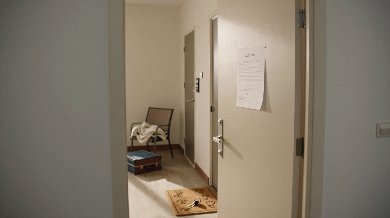 Porta aberta de apartamento com aviso de despejo, tapete na entrada, mala e cadeira com roupa.