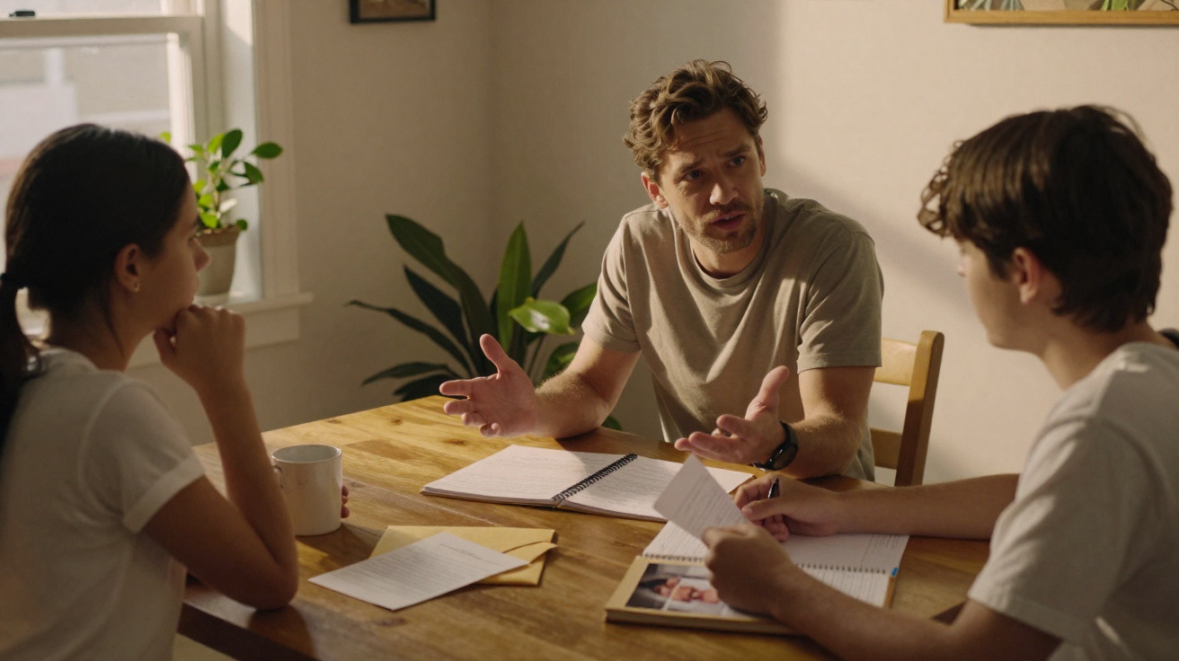 Homem a conversar com dois jovens à mesa, com cadernos e papéis à sua frente numa sala iluminada.