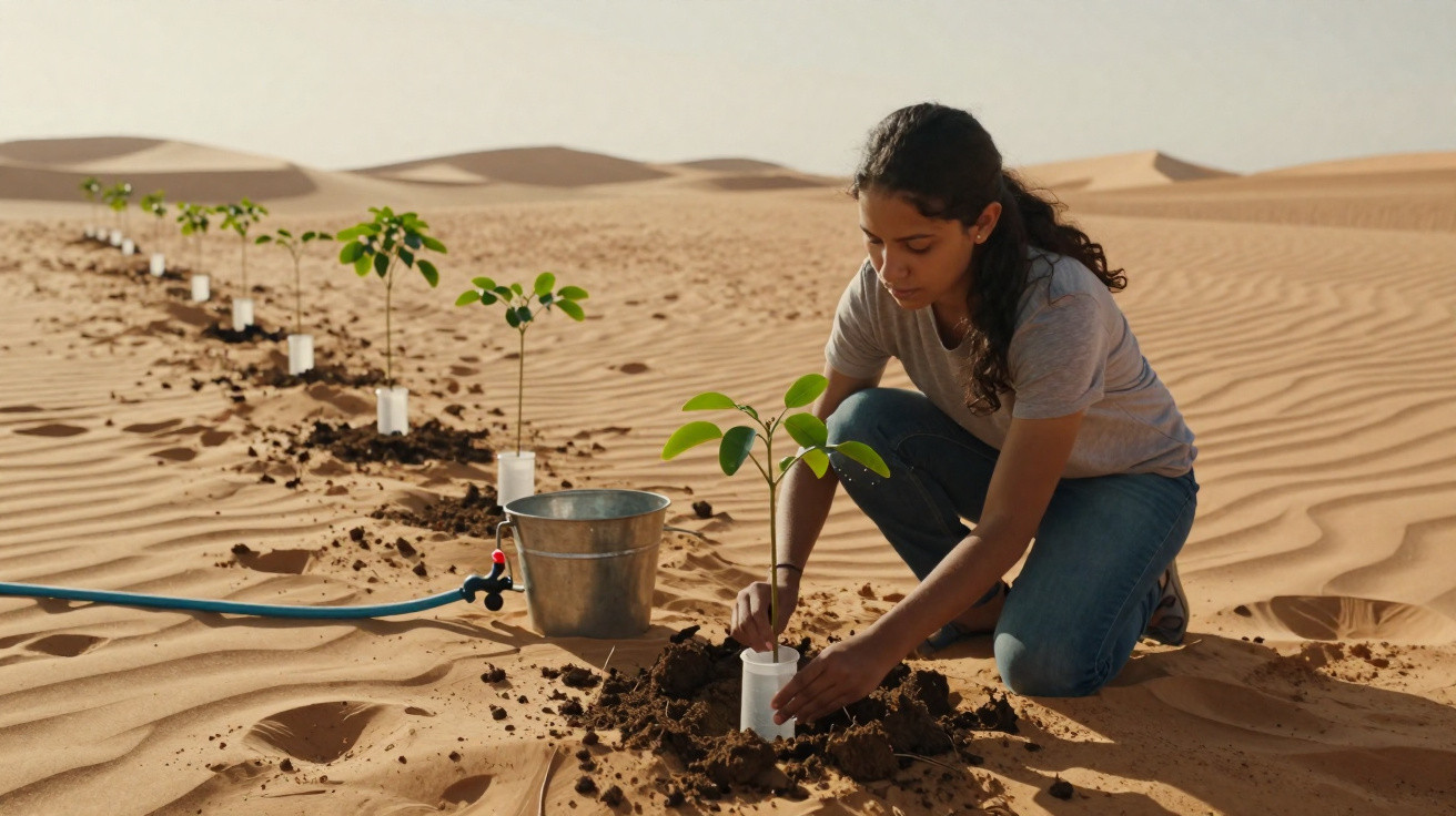 Mulher a plantar mudas numa linha no deserto com regador e balde ao lado.