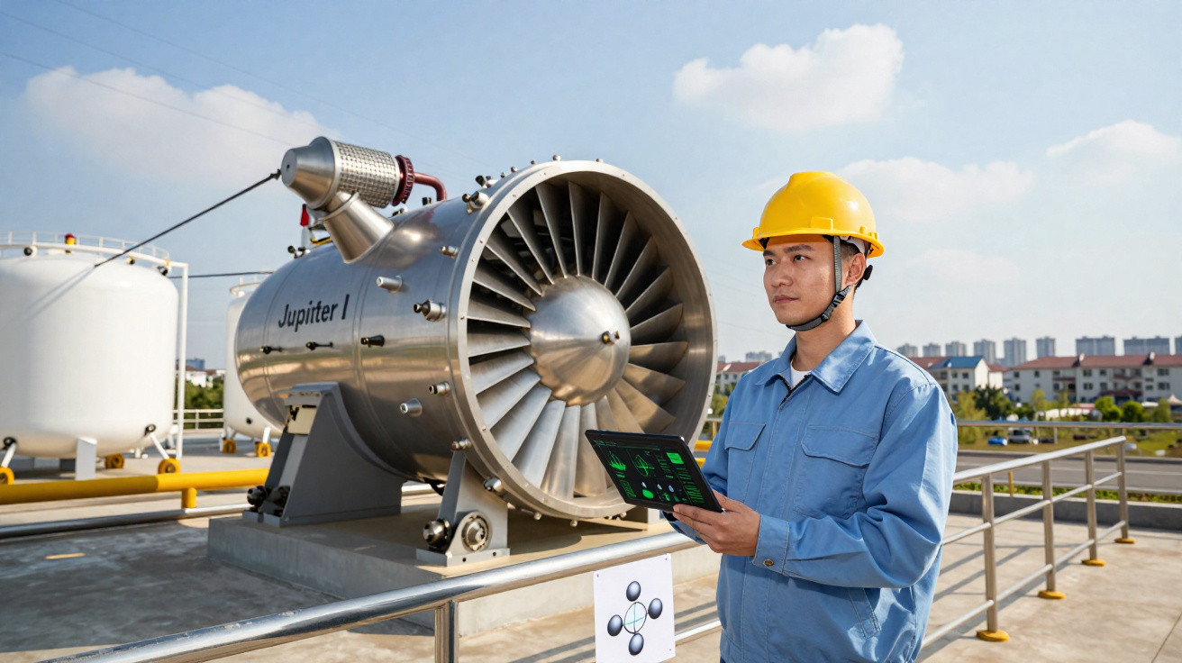 Engenheiro com capacete amarelo inspeciona turbina industrial ao ar livre segurando tablet.