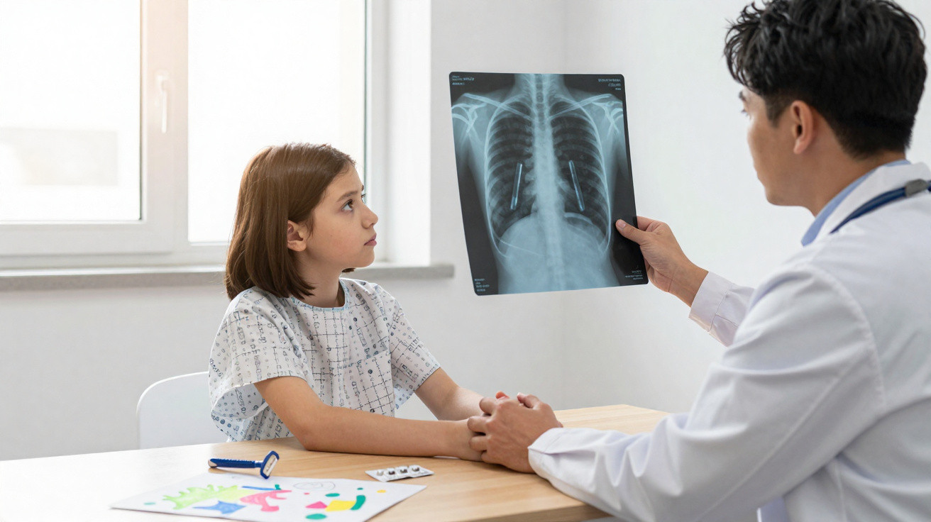 Médico mostra raio-x do tórax a criança numa consulta, segurando-lhe a mão numa sala iluminada.