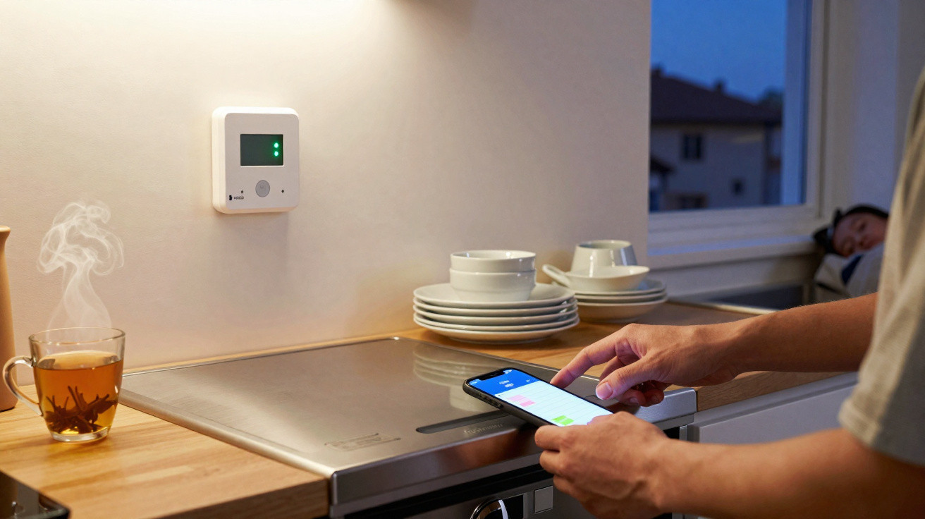 Pessoa a controlar aparelho doméstico com smartphone numa cozinha moderna iluminada ao entardecer.