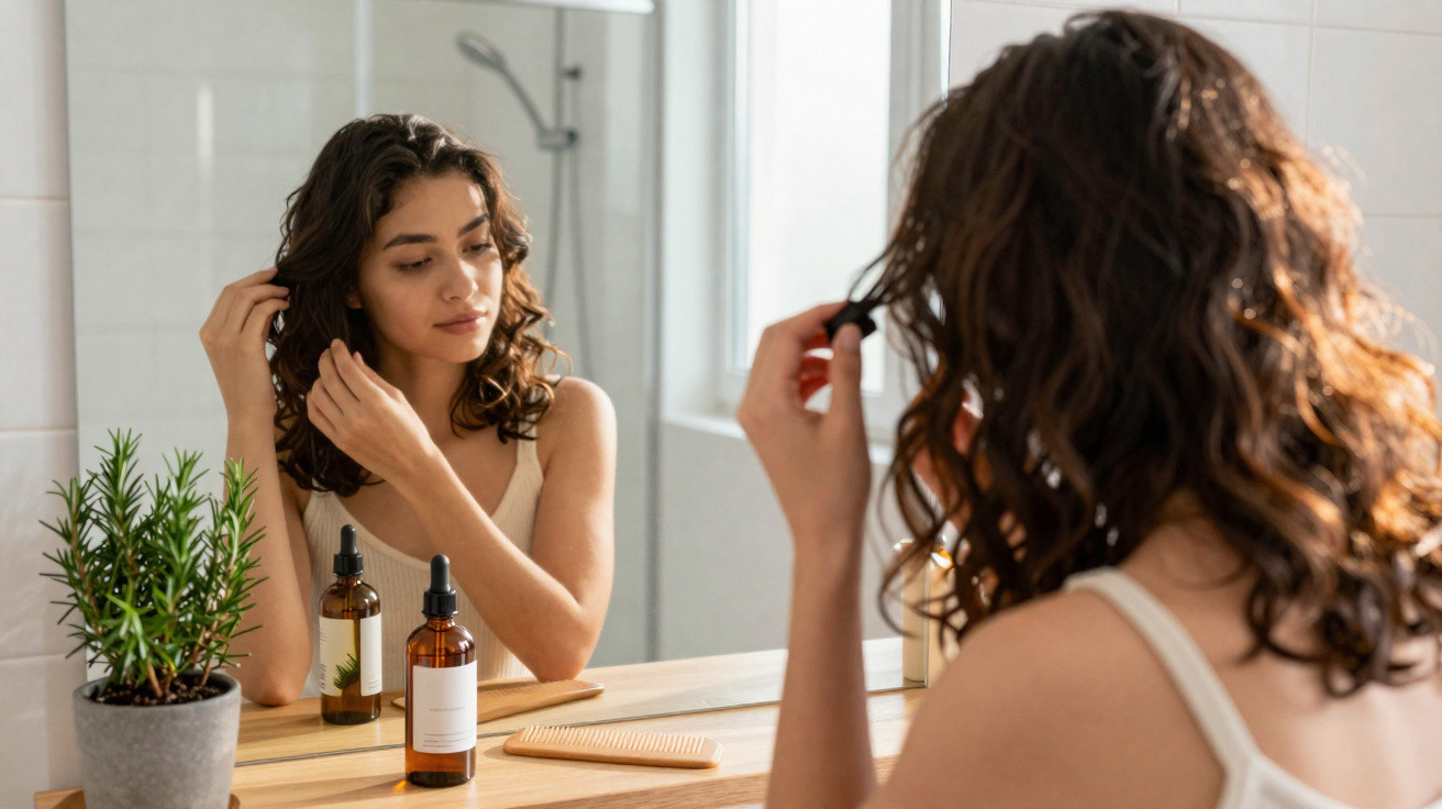 Mulher a tratar do cabelo encaracolado à frente de um espelho com produtos de beleza numa mesa de madeira.