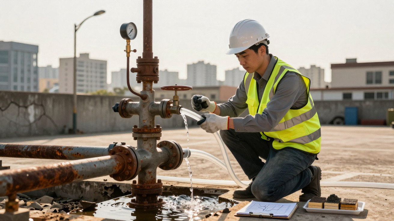 Trabalhador com capacete e colete a inspeccionar tubagem com manómetro numa área industrial exterior.