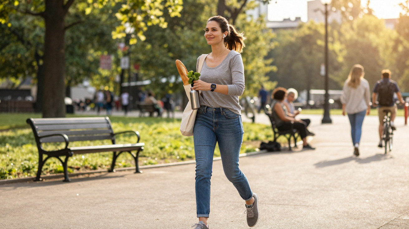 Mulher a caminhar num parque urbano, segurando pão e uma garrafa térmica, com expressão sorridente.