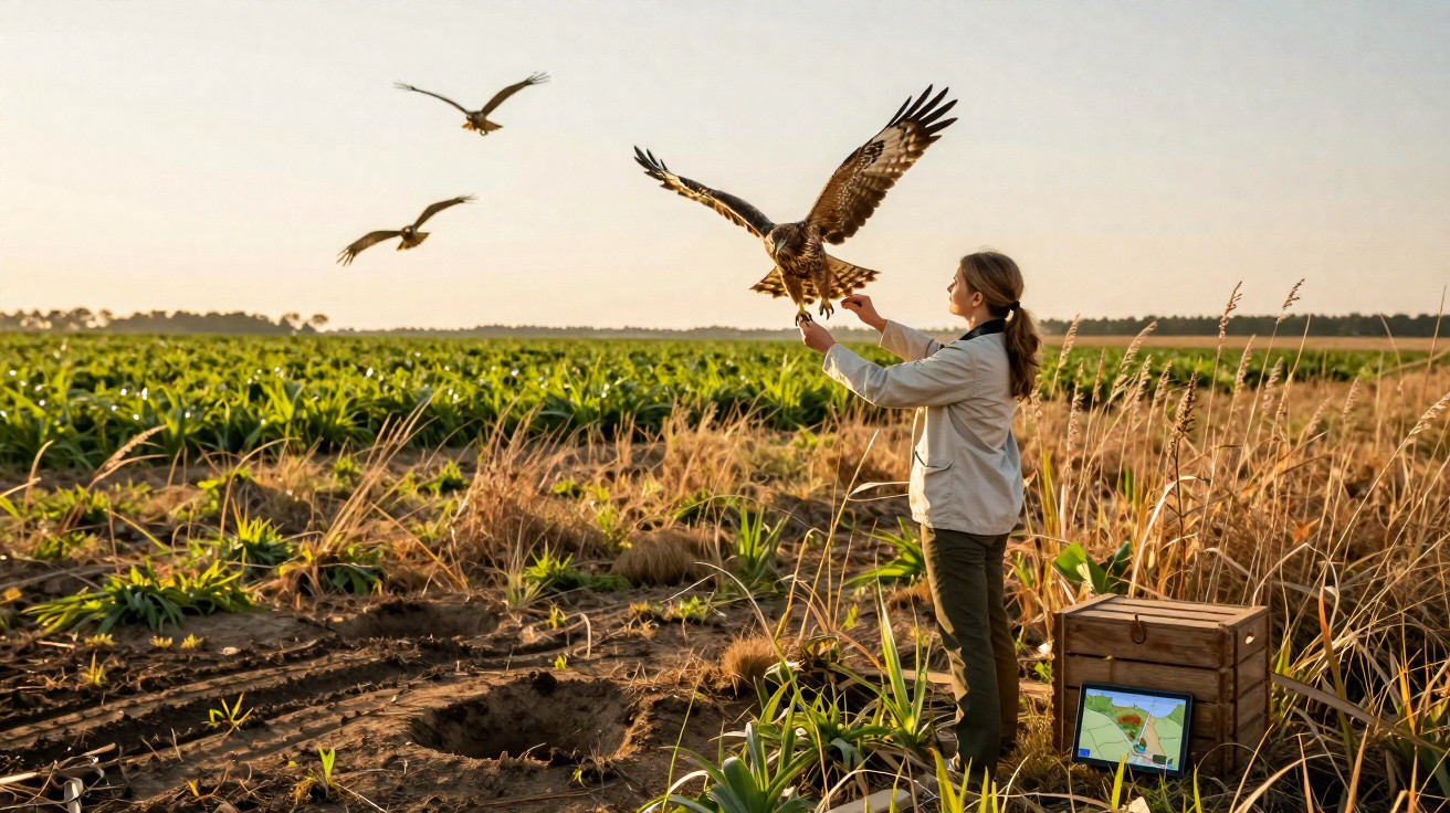 Mulher liberta aves de rapina numa área rural com vegetação e campo ao fundo ao pôr do sol.