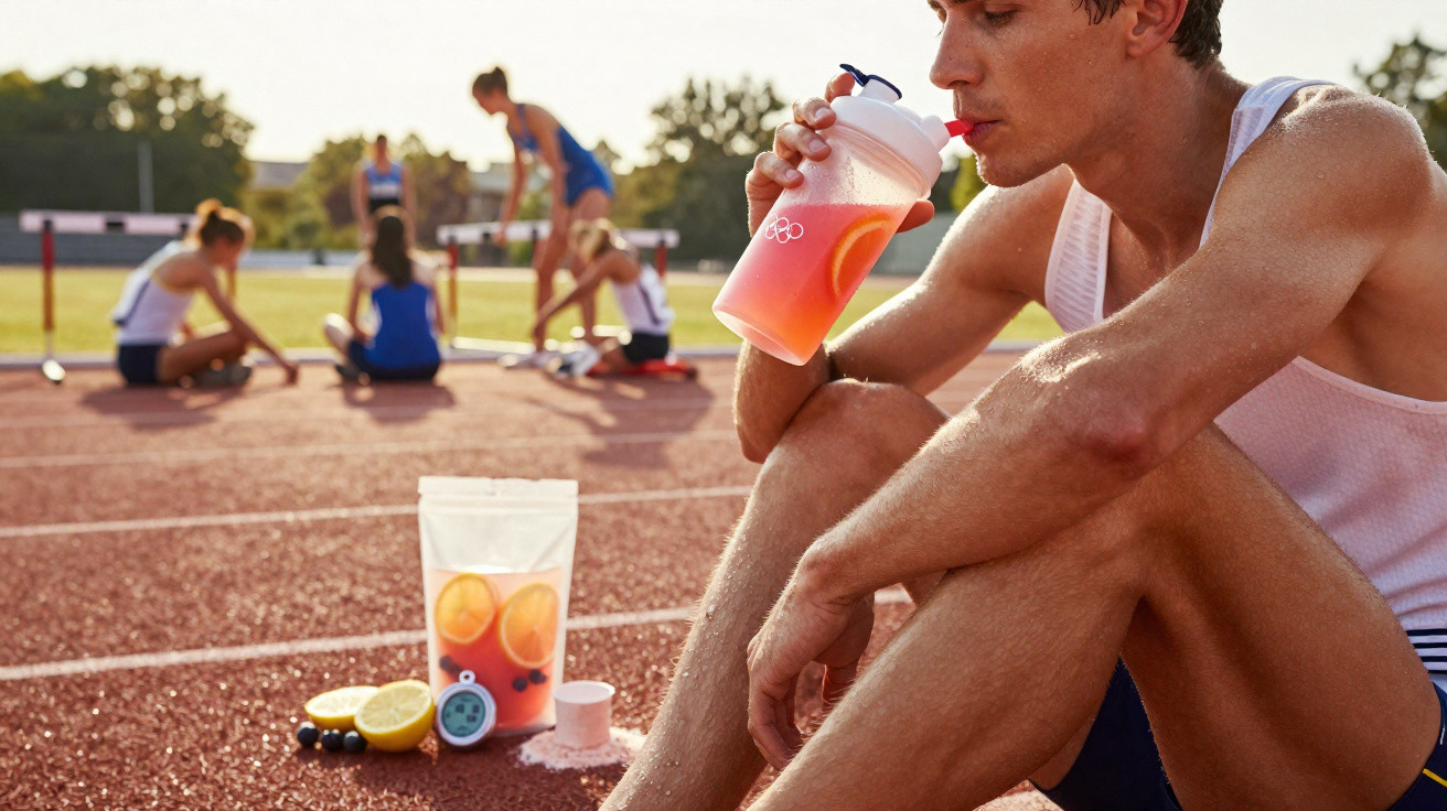 Homem sentado na pista de atletismo a beber bebida desportiva rodeado por outros atletas ao fundo.