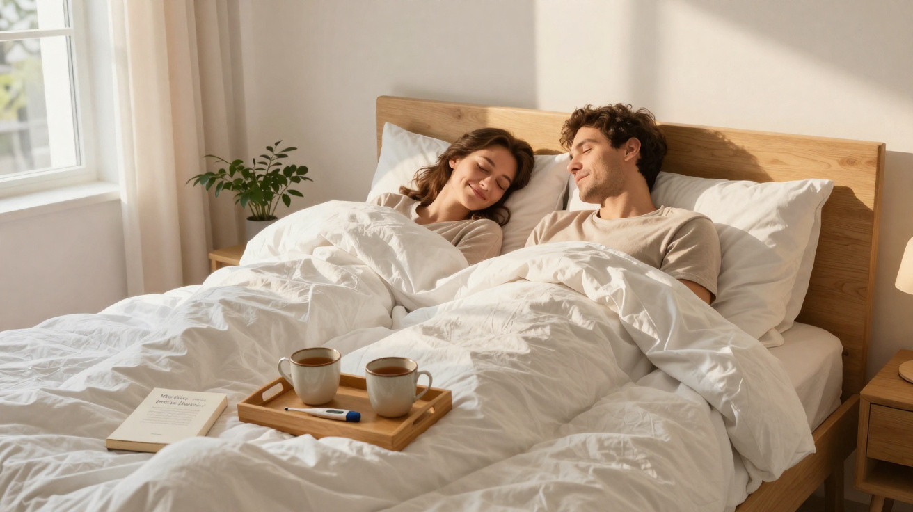 Casal deitado na cama com cobertores brancos, olhando-se com sorrisos enquanto tomam café.