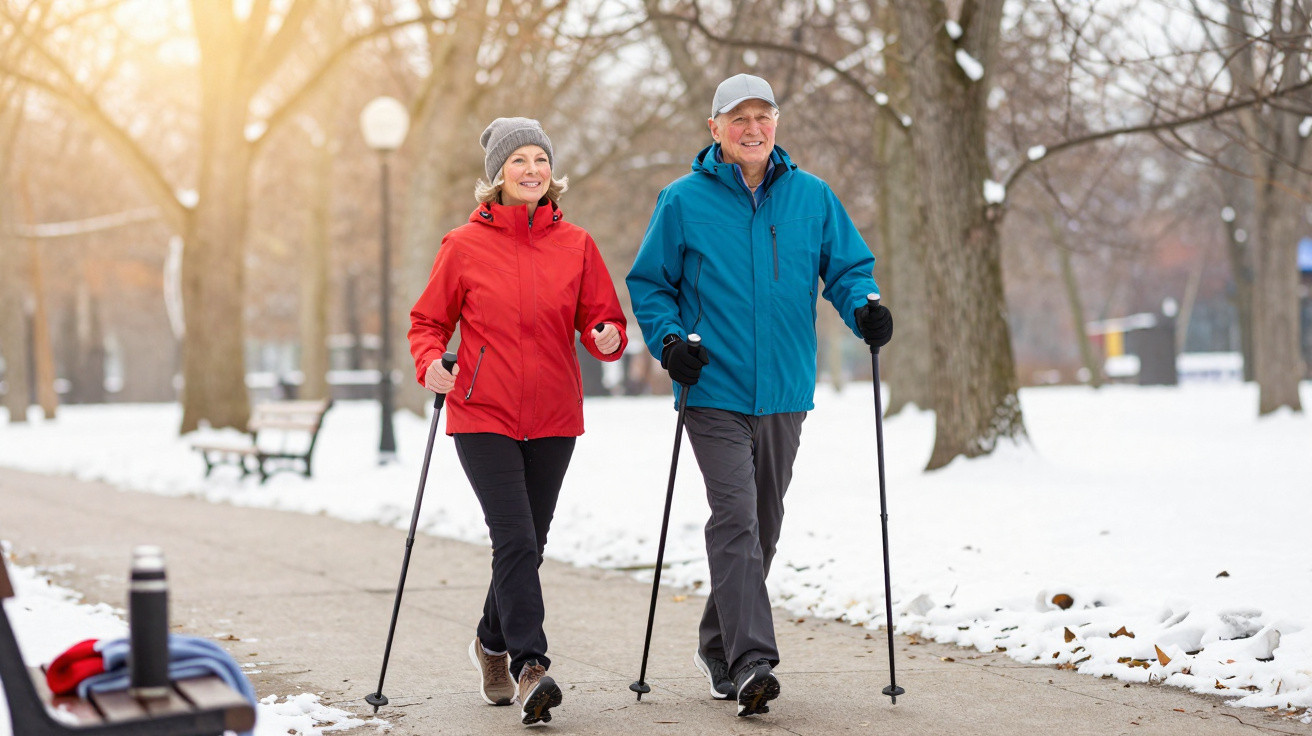 Casal sénior a caminhar com bastões num parque com chão coberto de neve numa manhã de inverno.