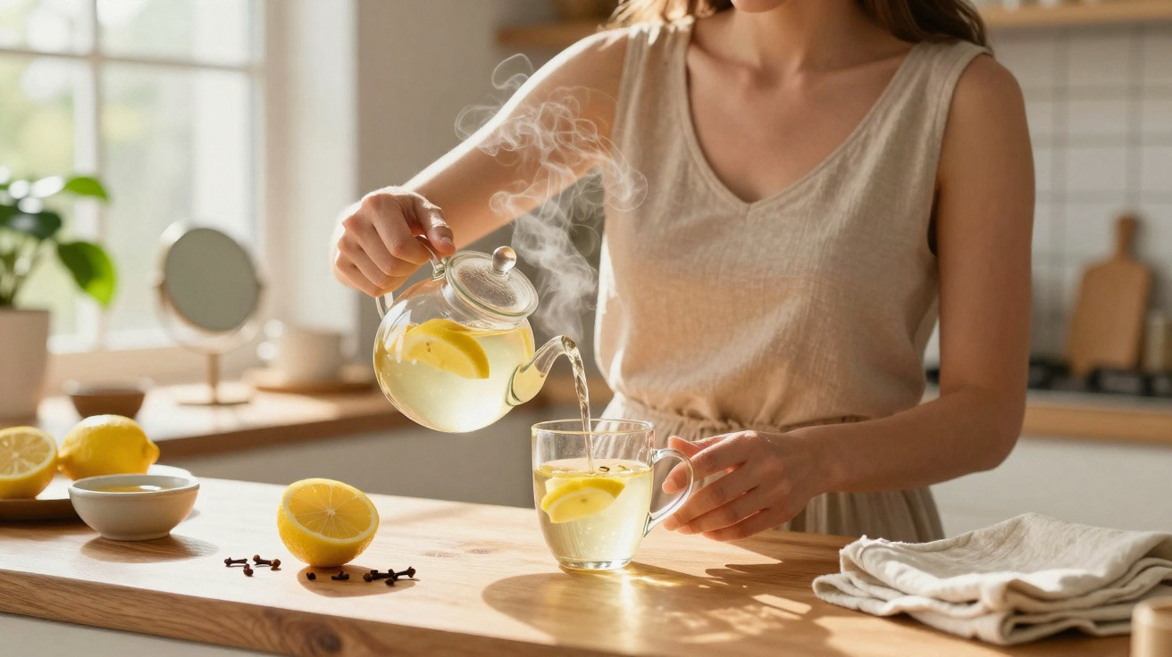 Mulher a servir chá quente de limão numa chávena de vidro numa cozinha iluminada pelo sol.