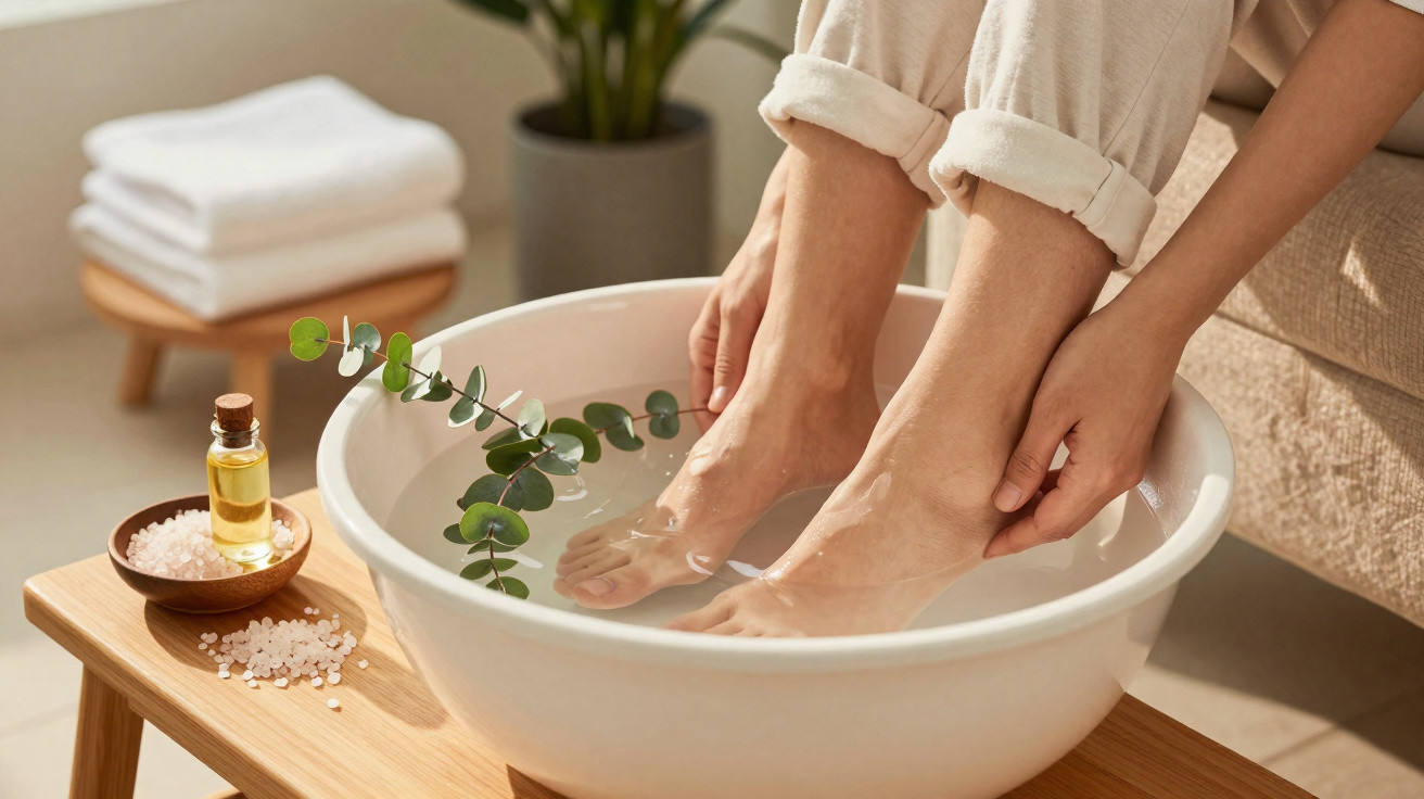 Pés femininos a imergir numa bacia com água, sal grosso e raminho verde num ambiente relaxante.