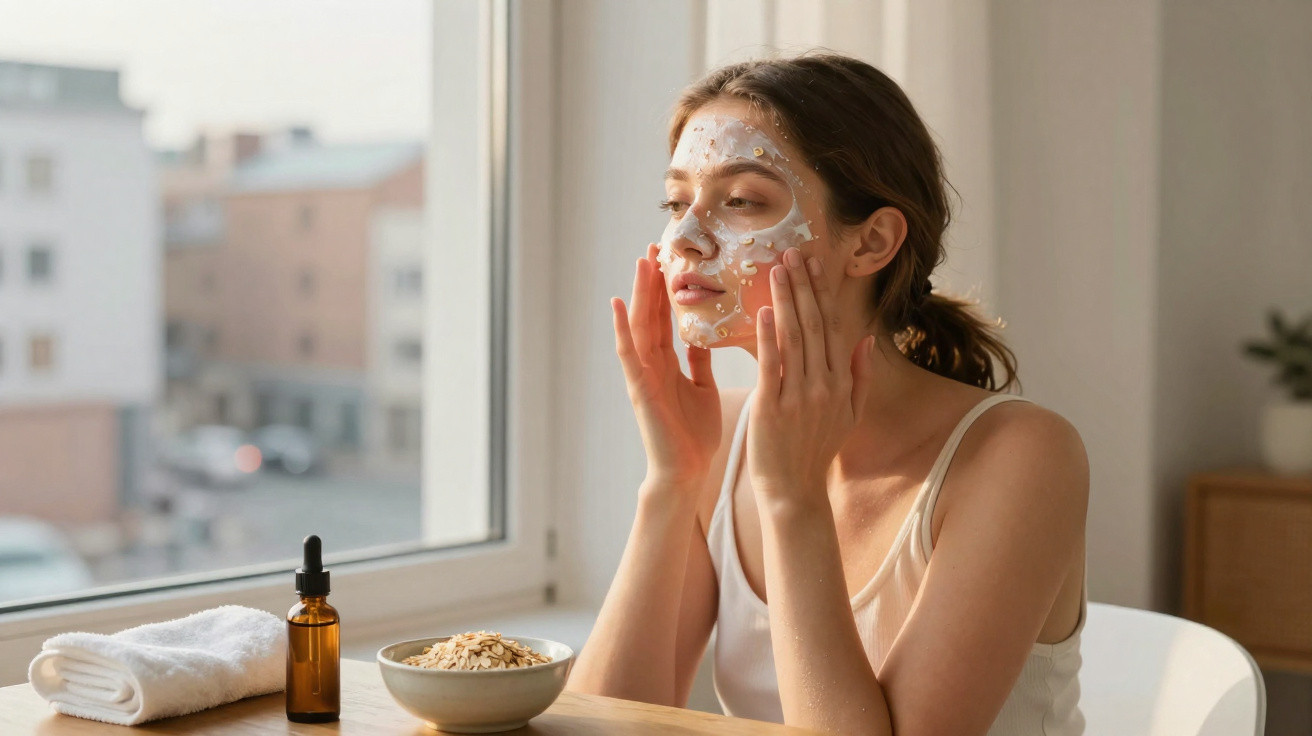 Mulher aplica máscara facial com aveia num rosto junto à janela, com frasco de óleo e toalha na mesa.
