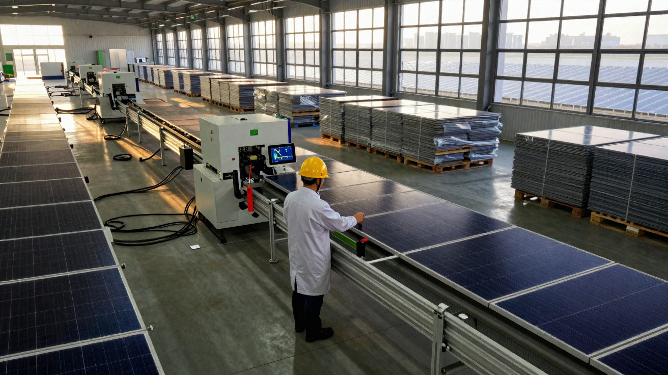 Trabalhador com capacete amarelo inspeciona painéis solares numa fábrica com filas de módulos solares.