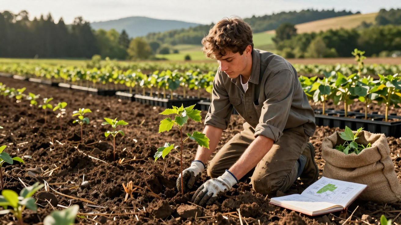 Jovem a plantar árvore jovem numa plantação, com mochila e livro aberto, num campo com colinas ao fundo.