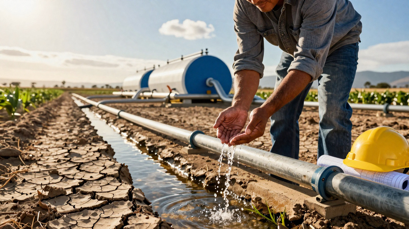 Homem verifica sistema de irrigação em campo agrícola com solo seco e rachas profundas.