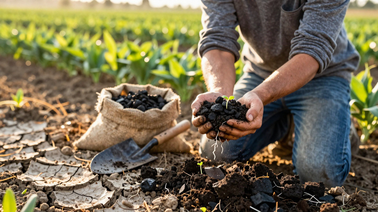 Pessoa a segurar terra com brotos verdes num campo agrícola, com sacos de adubo e enxada ao lado.
