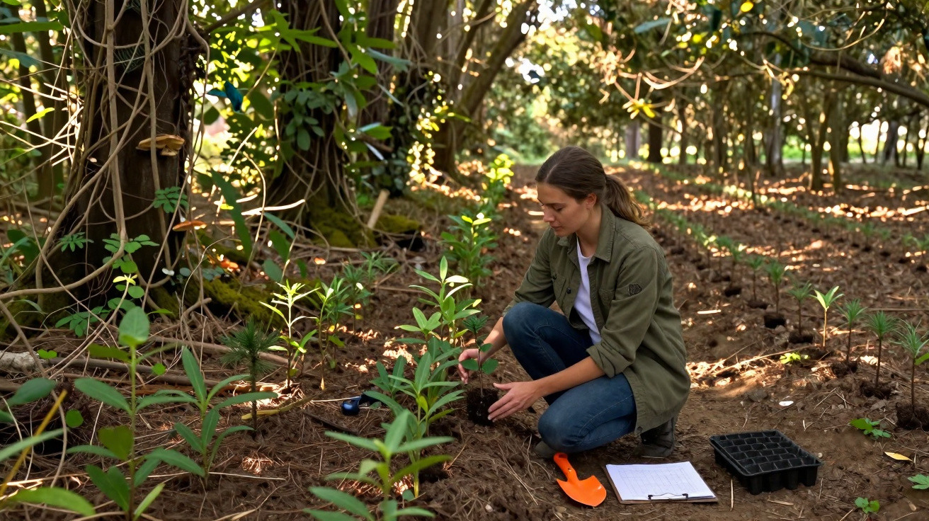 Mulher a plantar mudas numa floresta com ferramentas e ficha de registo no chão.