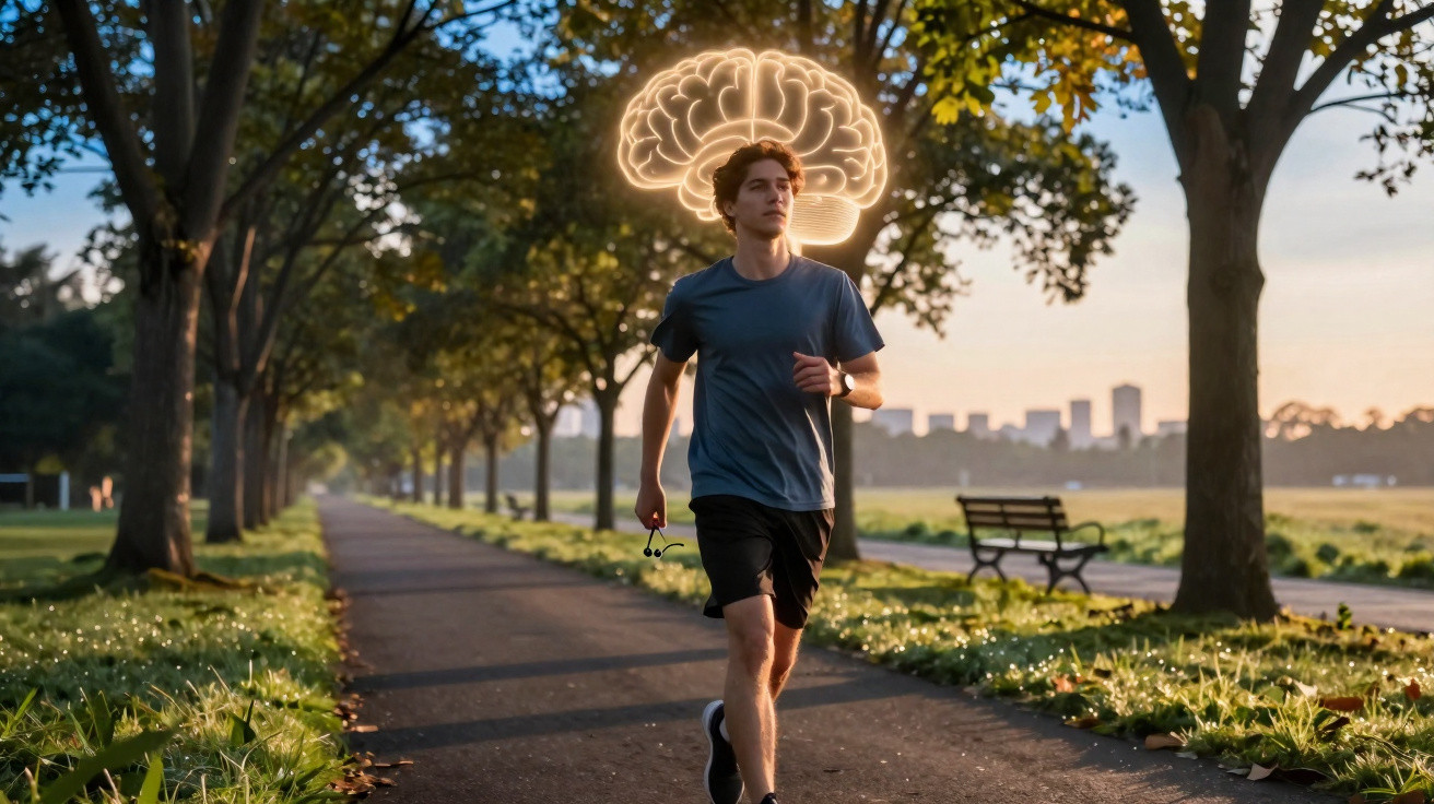 Homem a correr num parque ao pôr do sol com desenho de cérebro iluminado acima da cabeça.