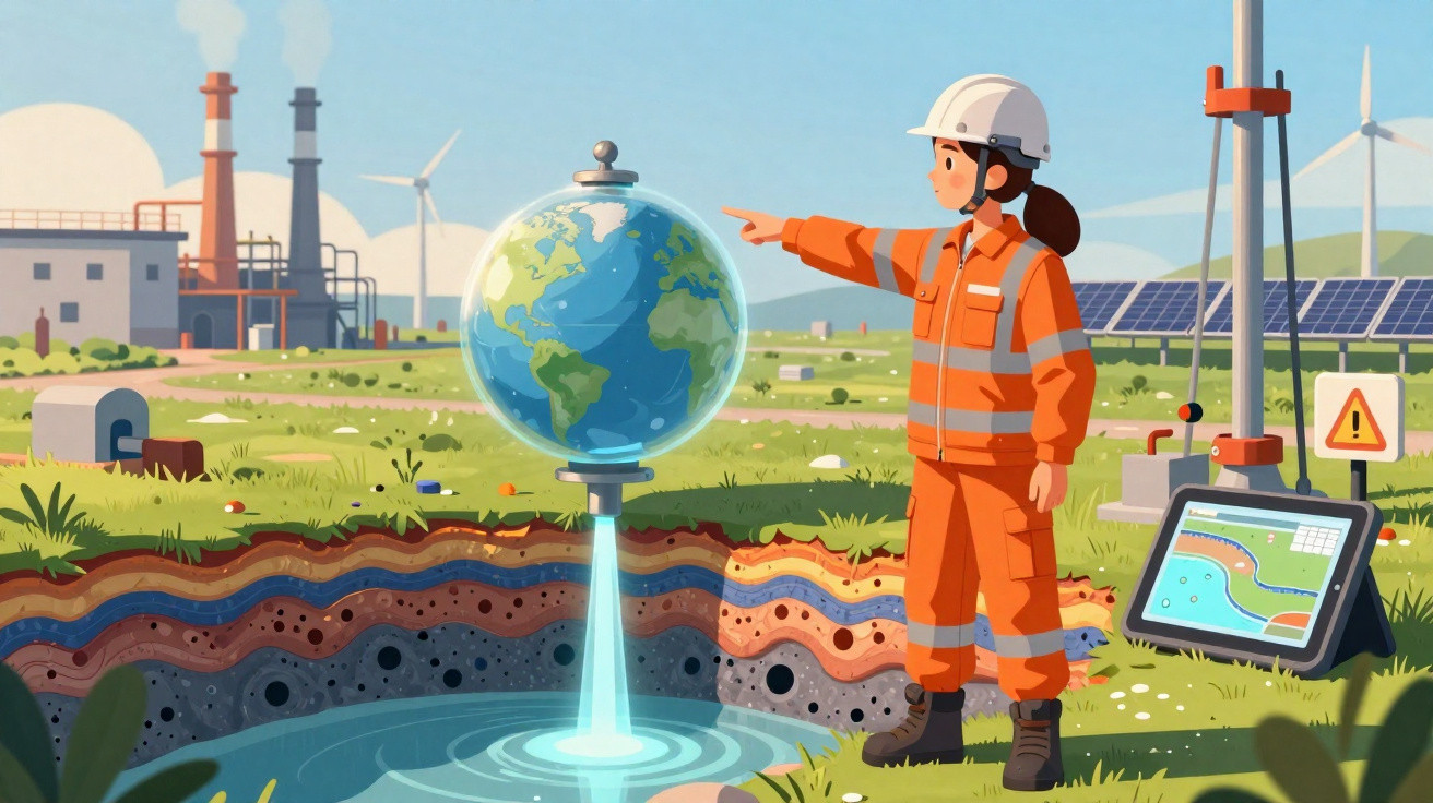 Pessoa com equipamento de proteção a analisar globo terrestre virtual junto a paisagem industrial e painéis solares.