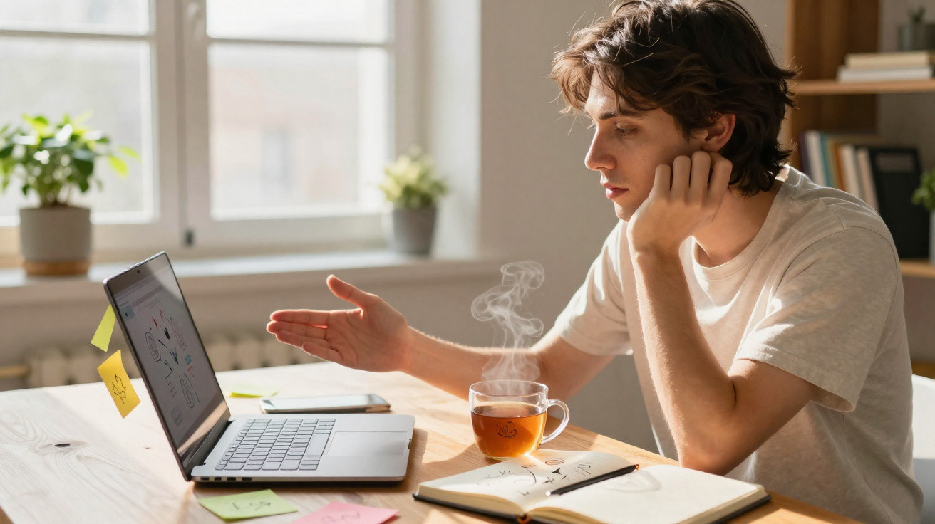 Jovem a estudar com chá quente e caderno aberto, concentrado no ecrã do computador portátil.