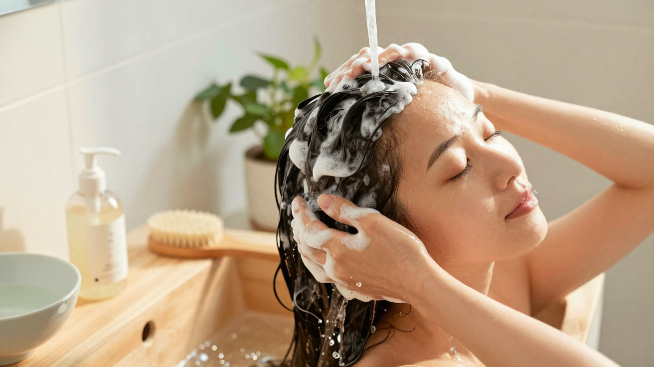 Mulher a lavar o cabelo com espuma de champô, com olhos fechados, num ambiente de casa de banho relaxante.