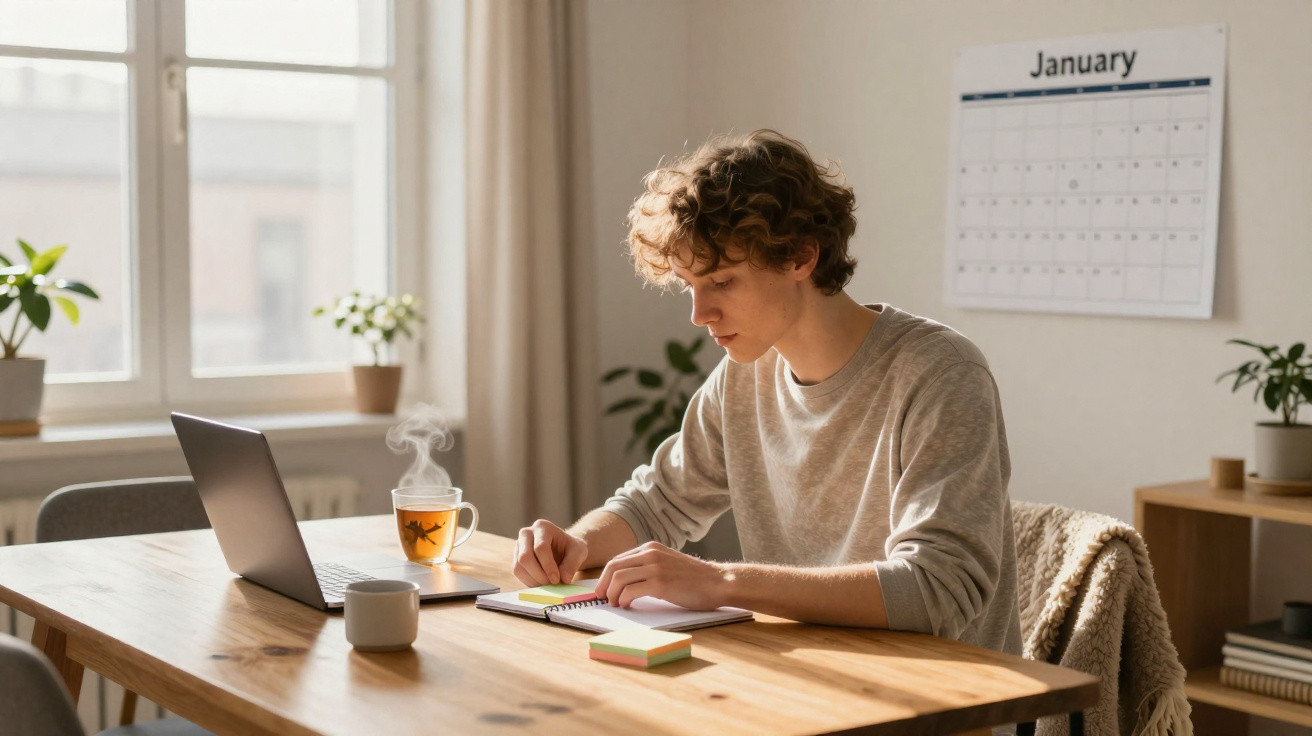 Jovem a estudar num ambiente luminoso com laptop, chá fumegante e calendário de janeiro na parede.