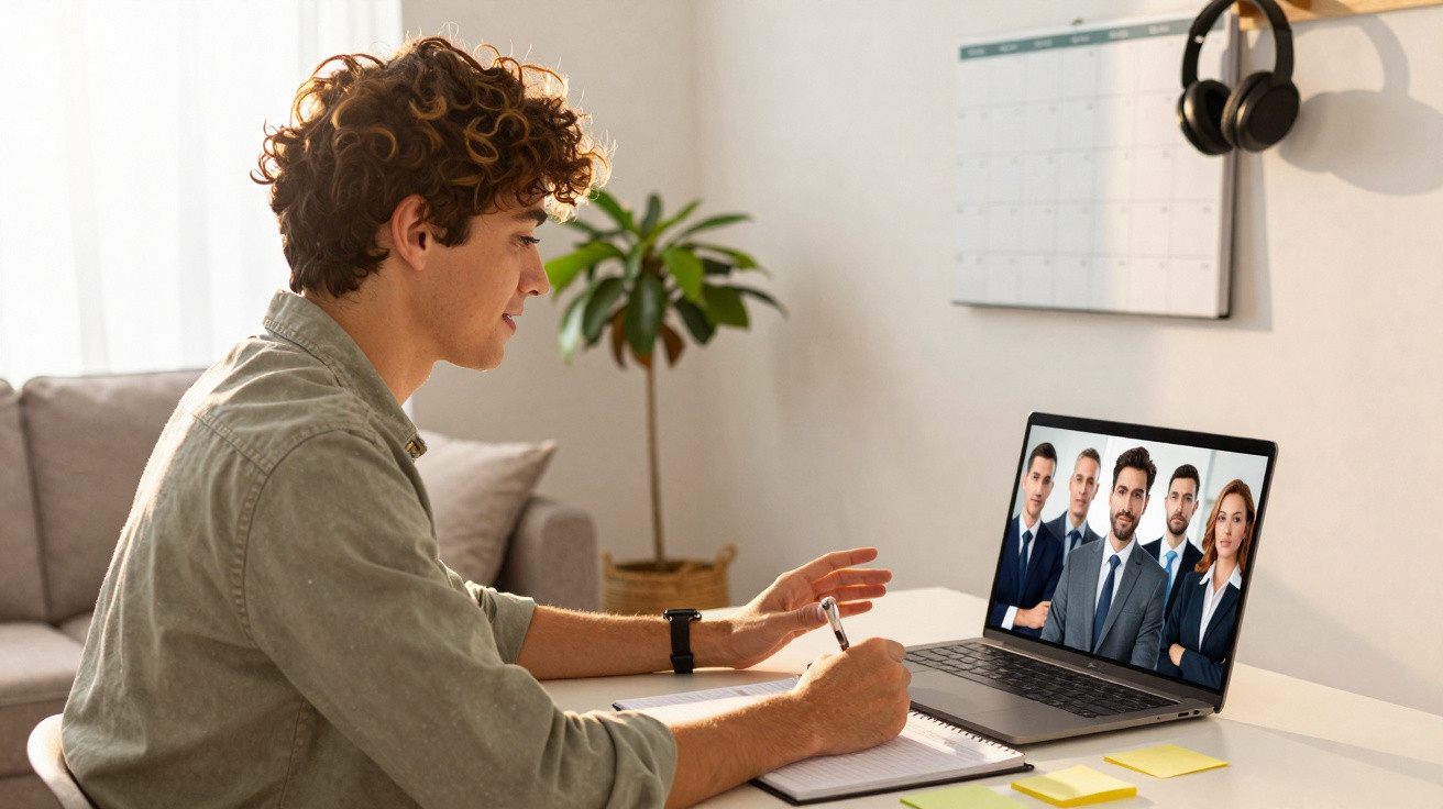 Jovem participa numa videoconferência com cinco colegas de trabalho, escrevendo apontamentos num caderno.