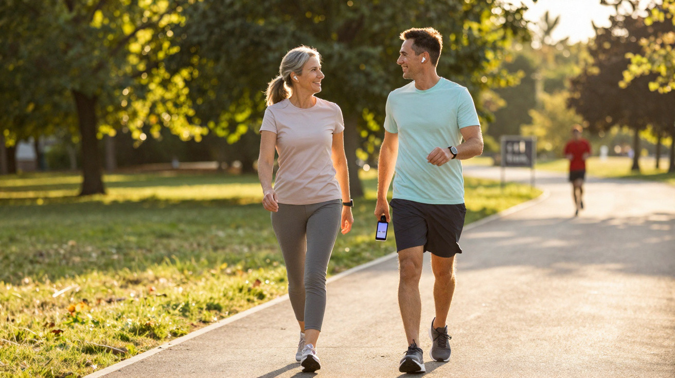 Casal desportivo a caminhar e conversar num parque ensolarado durante o dia.