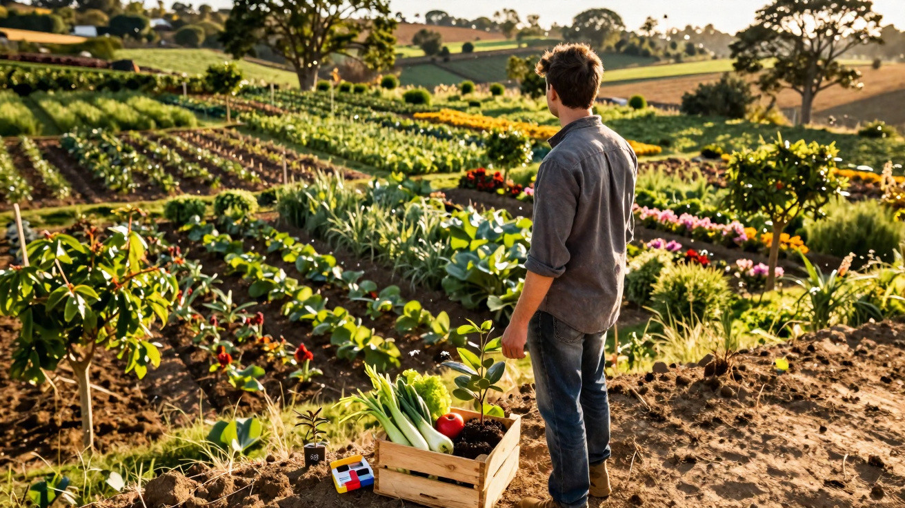 Homem observa cultivo diversificado de legumes e flores numa horta ensolarada e fértil ao entardecer.