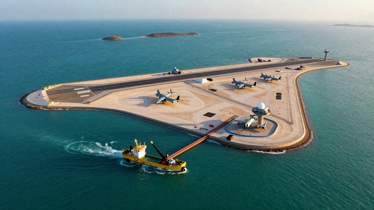 Vista aérea de uma pequena ilha artificial com pista de aviação, três helicópteros e um barco amarelo no mar.