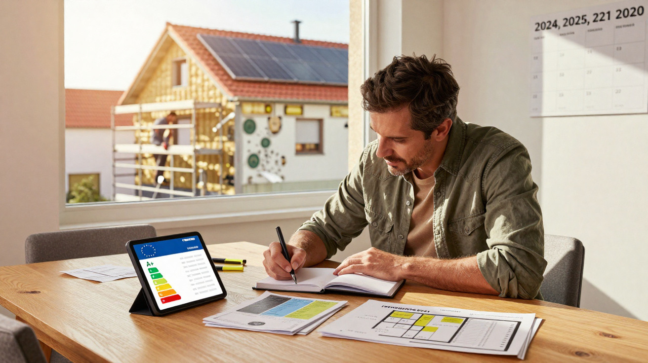 Homem sentado a fazer anotações numa mesa com documentos e um tablet sobre eficiência energética, casa ao fundo.