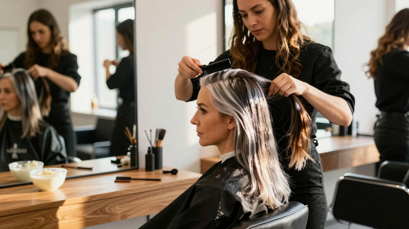 Mulher loira sentada ao espelho enquanto cabeleireira penteia o seu cabelo num salão moderno.