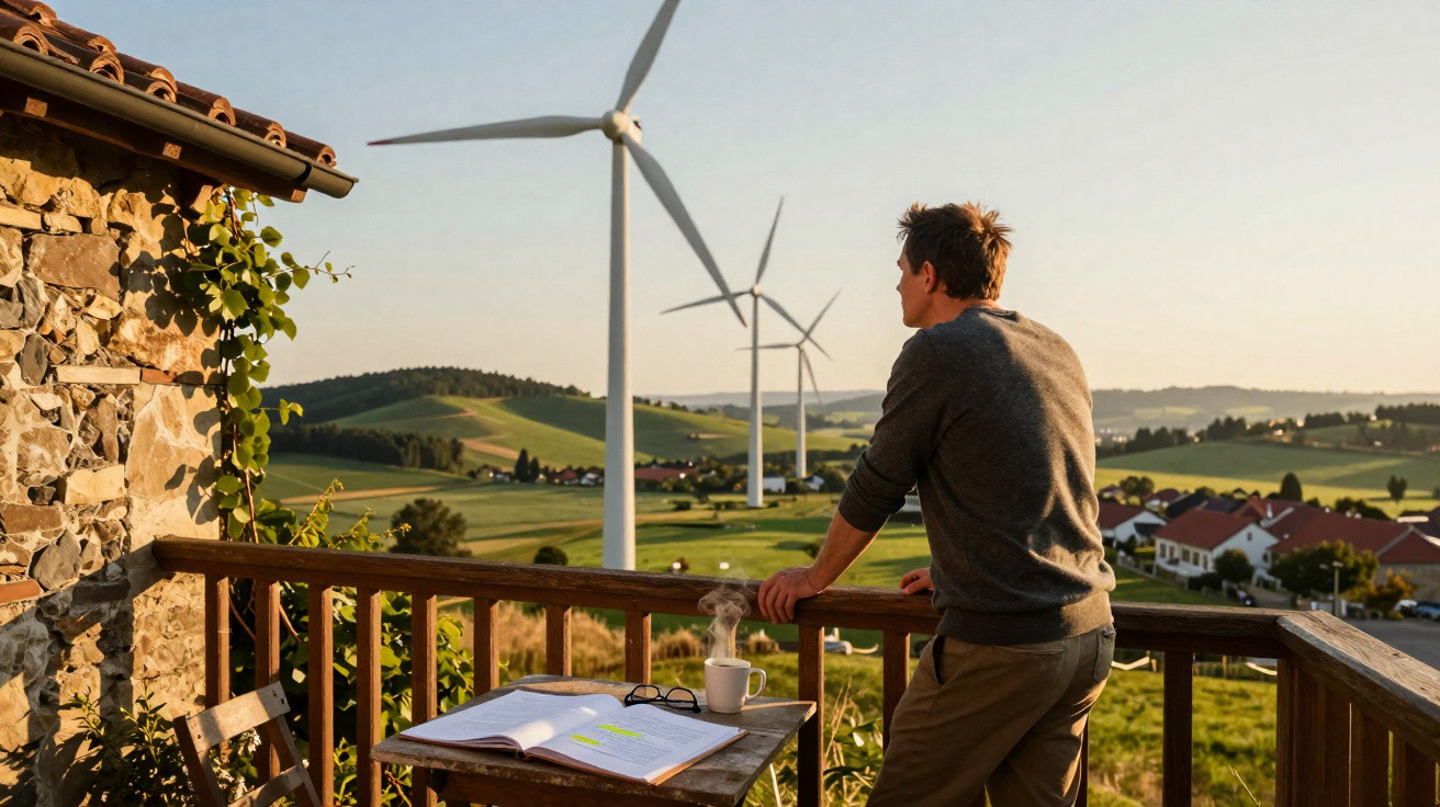 Homem observa moinhos de vento numa varanda com campo verde e casas ao longe ao pôr do sol.