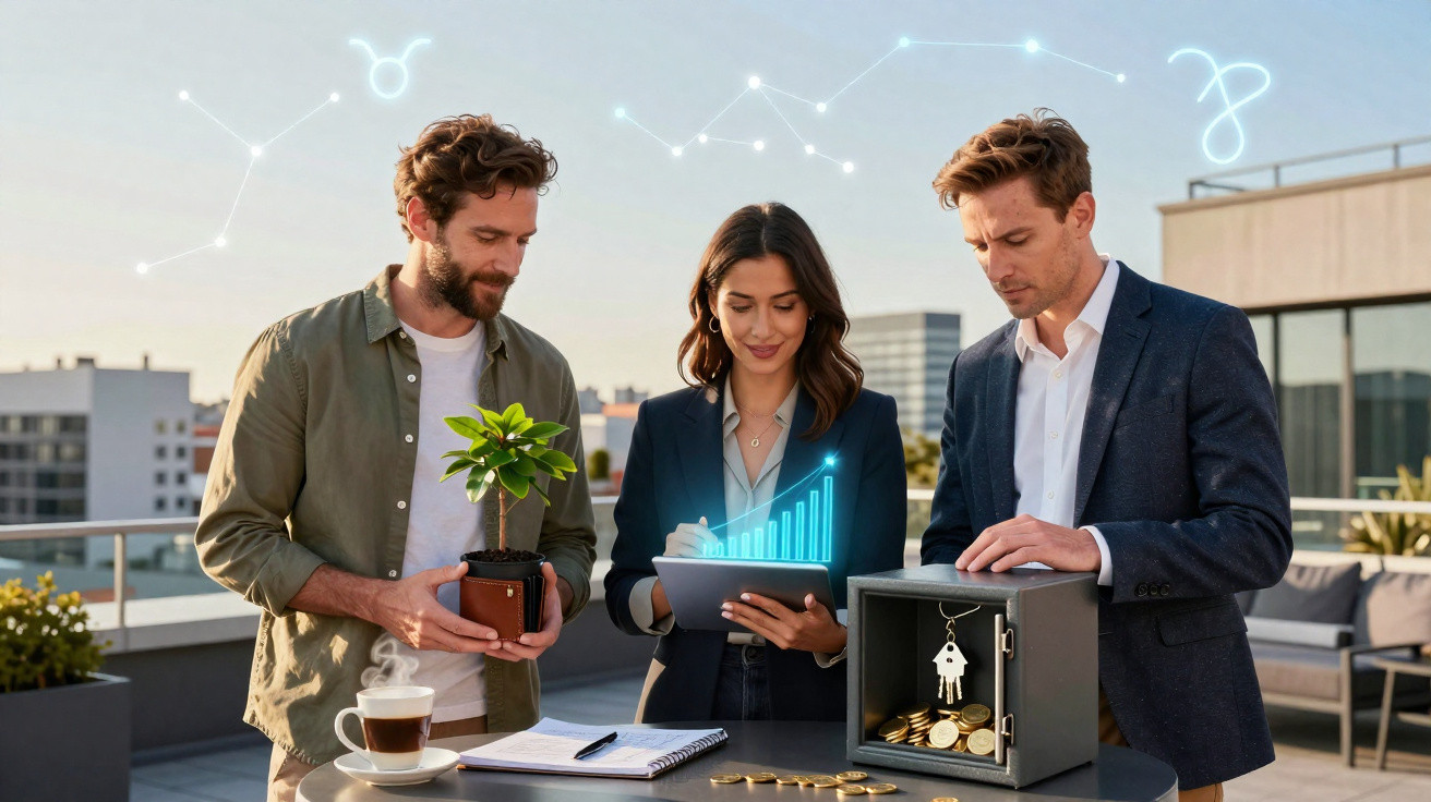 Três pessoas analisam dados financeiros com cofre aberto cheio de moedas e planta num terraço urbano.