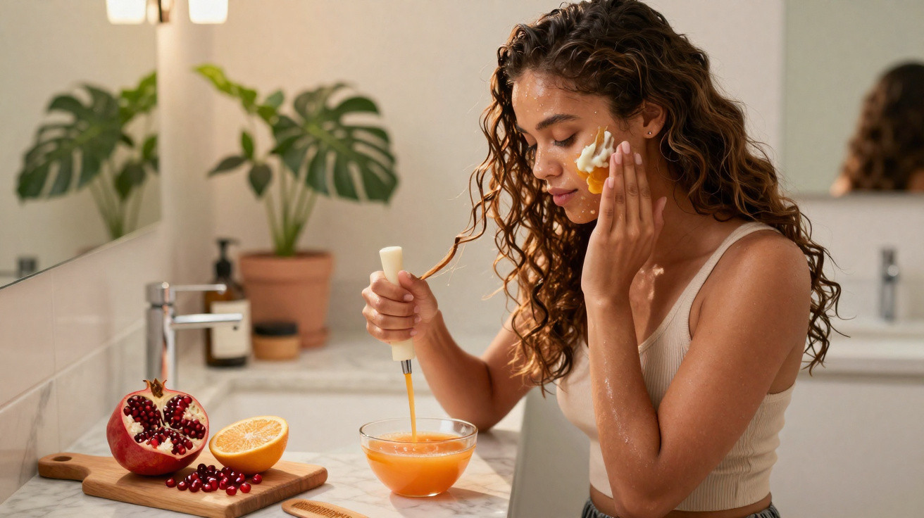 Mulher aplica máscara facial caseira com ingredientes naturais numa casa de banho iluminada.
