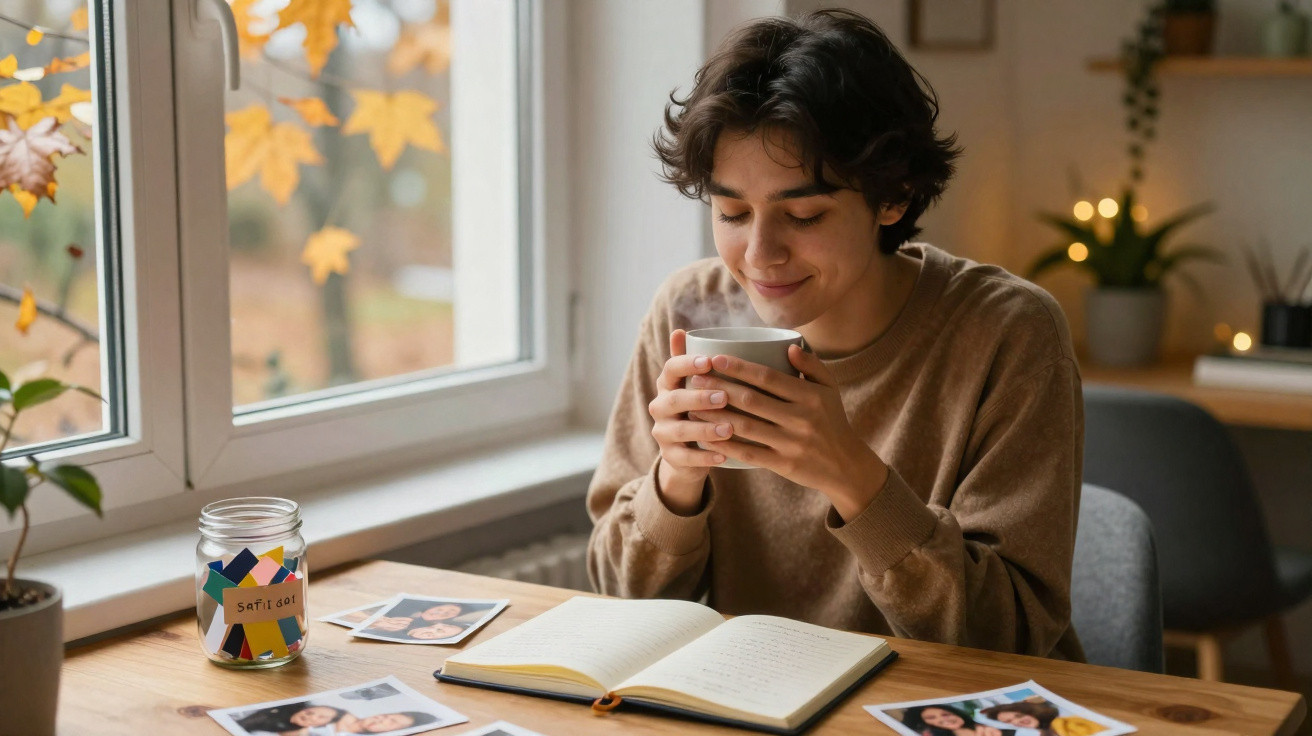 Pessoa jovem sentada junto à janela, a beber chá e rodeada de fotografias e caderno aberto na mesa.