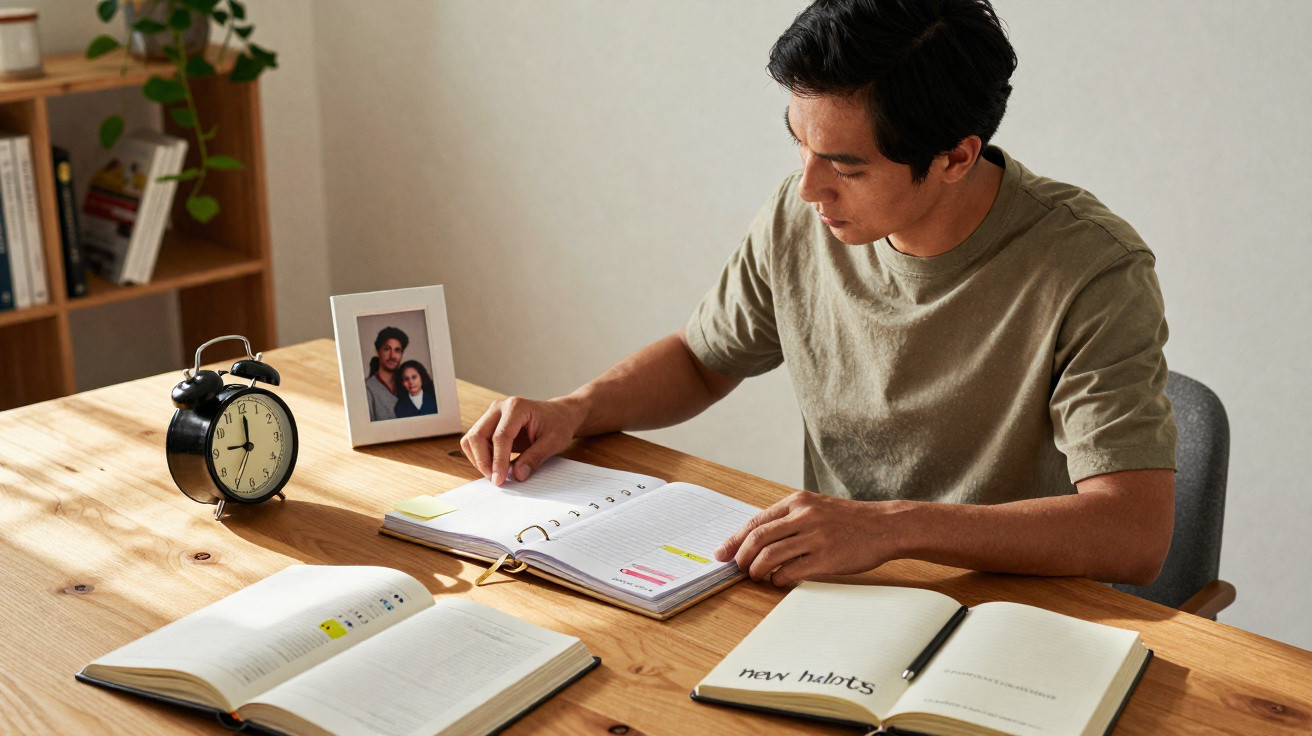 Homem jovem a estudar à mesa com livros e caderno aberto, relógio e fotografia familiares.