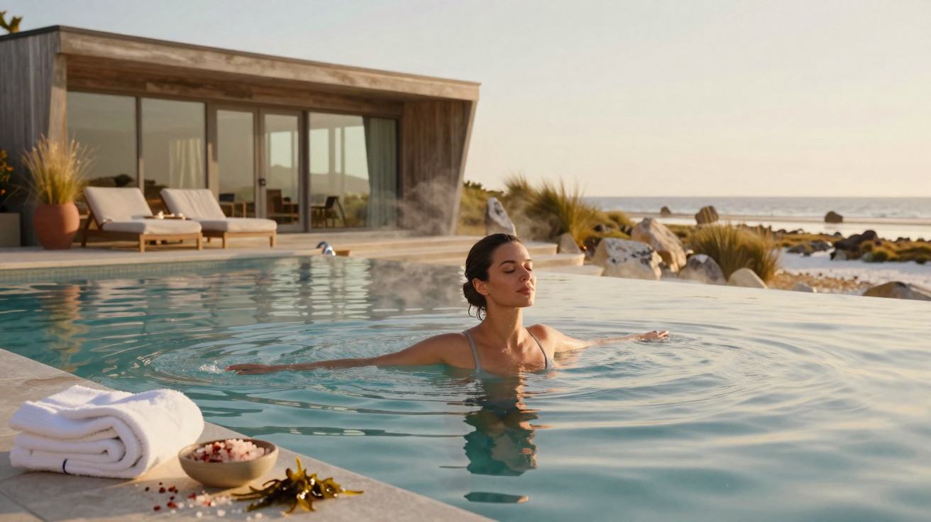 Mulher relaxa numa piscina exterior de um spa junto ao mar durante o pôr do sol.