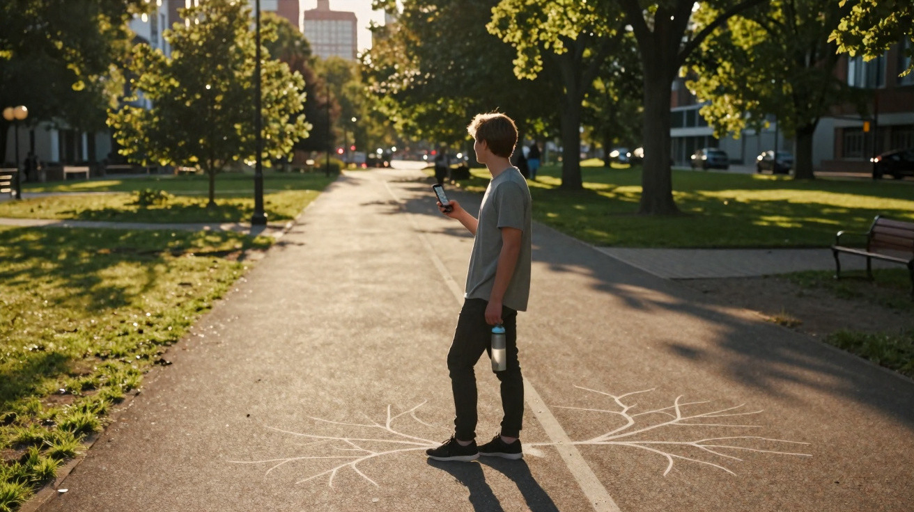 Jovem de pé numa pista em parque com desenho de raízes no solo, segurando telemóvel e garrafa de água.