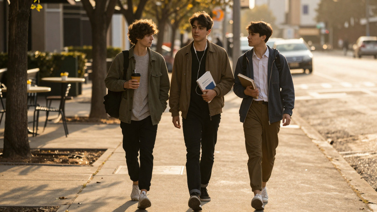 Três jovens a caminhar numa rua urbana com livros e café ao final da tarde, conversando entre si.