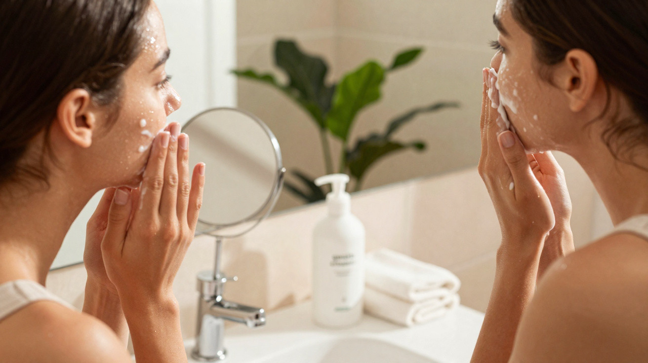 Mulher a aplicar creme facial em frente ao espelho numa casa de banho com decoração simples.
