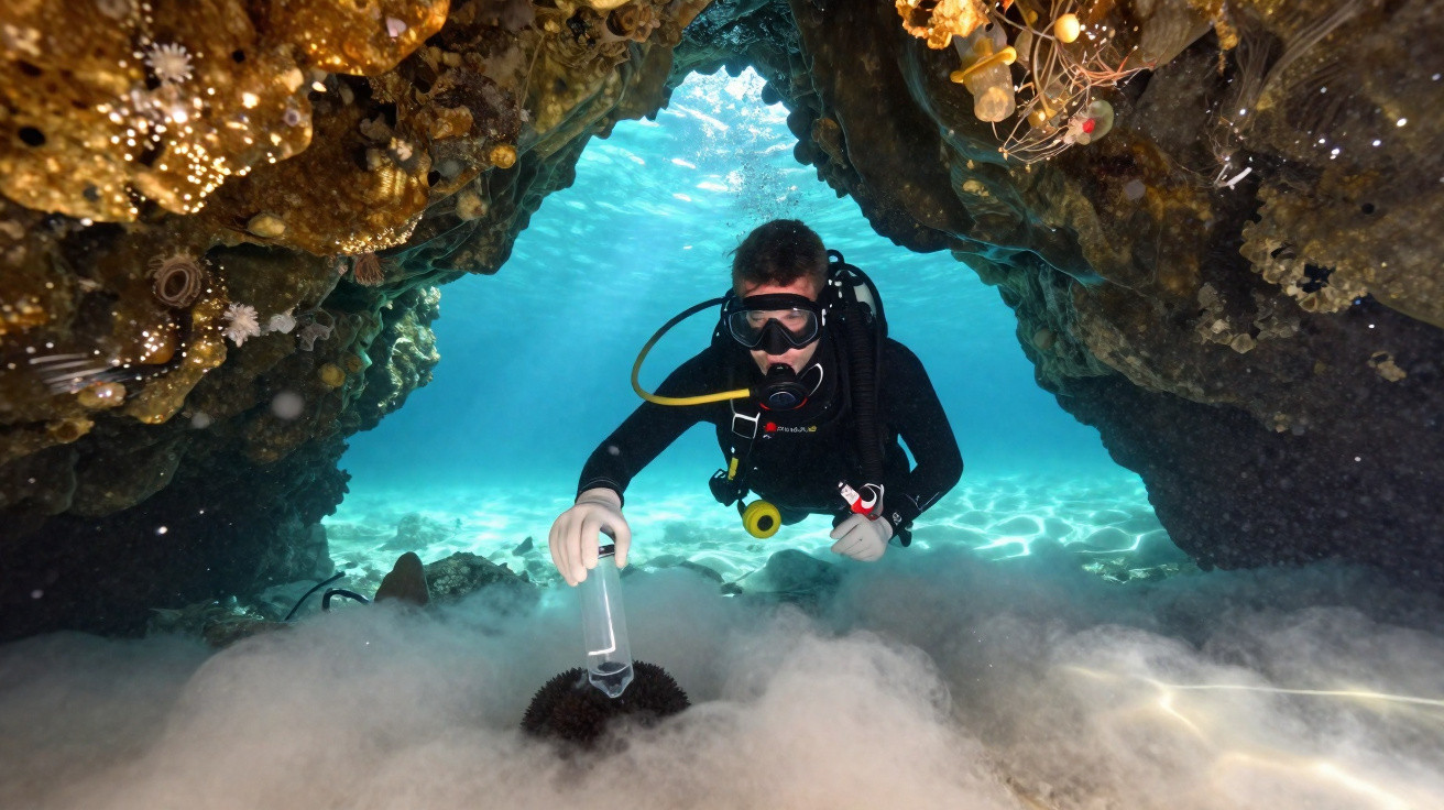 Mergulhador em túnel subaquático recolhe amostra junto a ouriço-do-mar no fundo do mar.