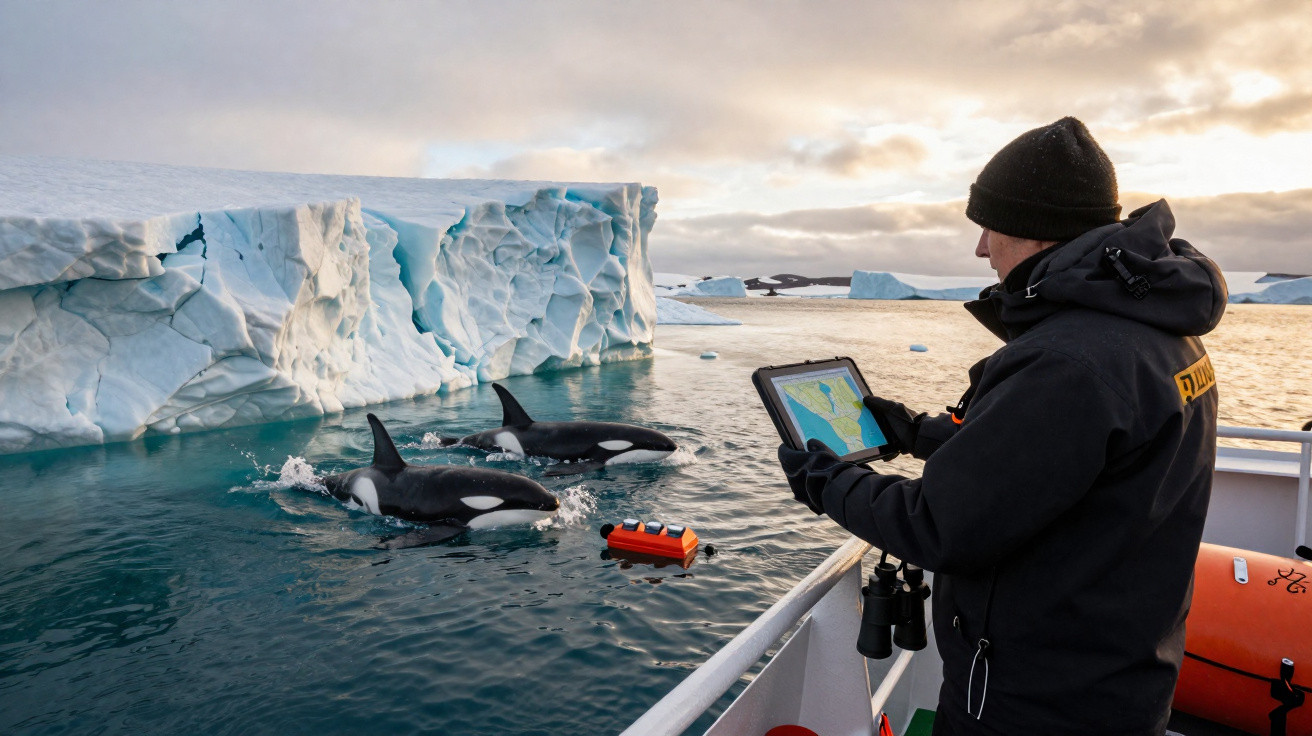 Homem com fato térmico observa orcas junto a icebergue, segurando tablet numa embarcação polar.