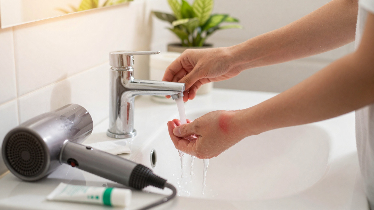 Mãos a lavar-se com água da torneira numa casa de banho moderna com secador e creme visíveis.