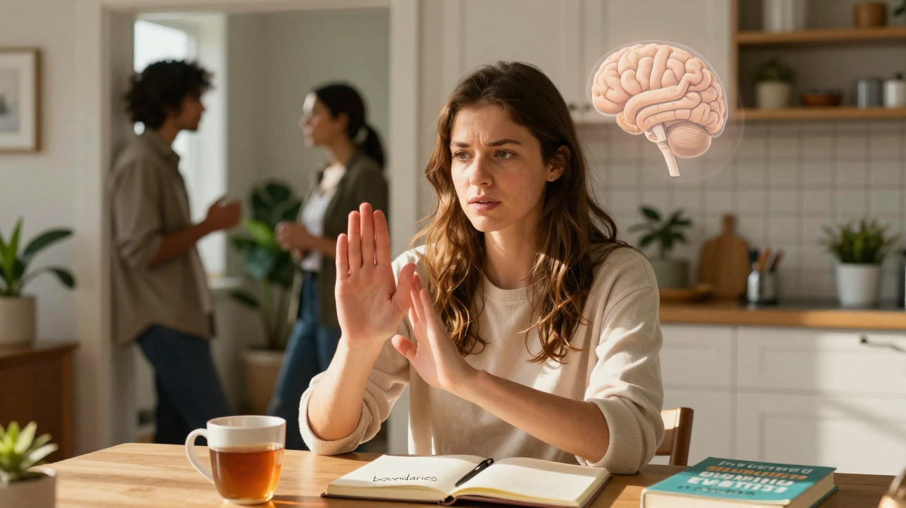 Mulher a fazer sinal de paragem à conversa de fundo, simbolizando proteção psicológica e limites pessoais.