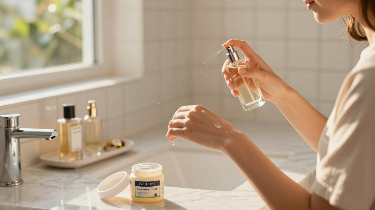 Pessoa a aplicar perfume num pulso ao lado de frascos de cosméticos sobre uma bancada de casa de banho.