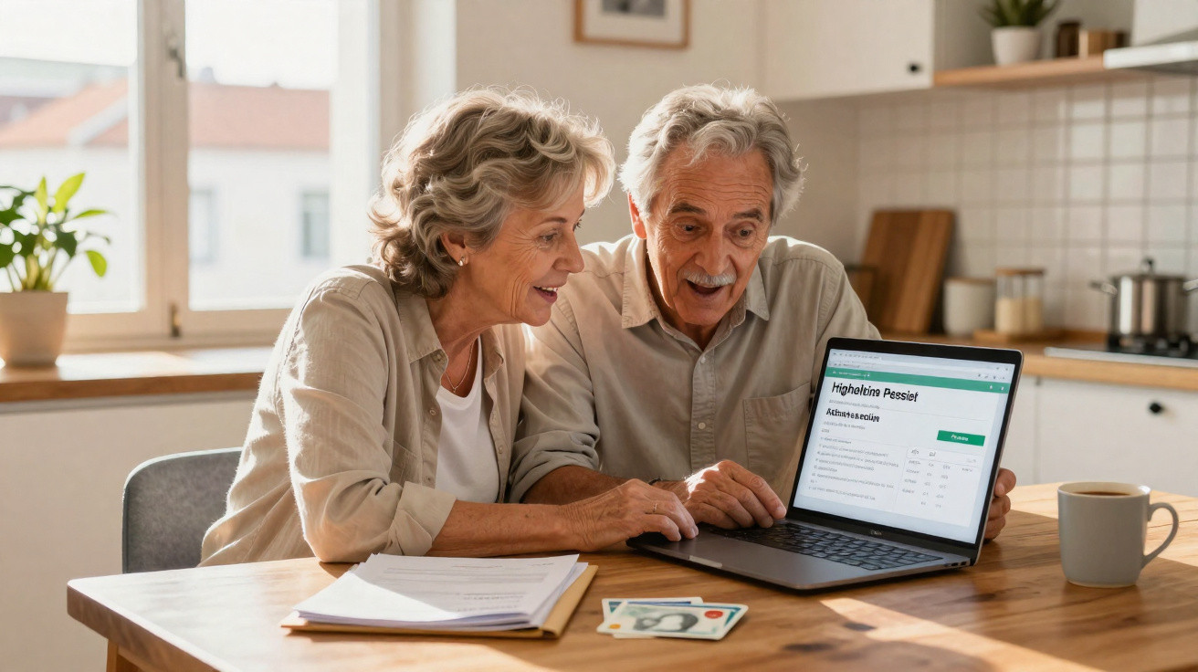 Casal sénior sentado à mesa de cozinha a analisar finanças pessoais num computador portátil.